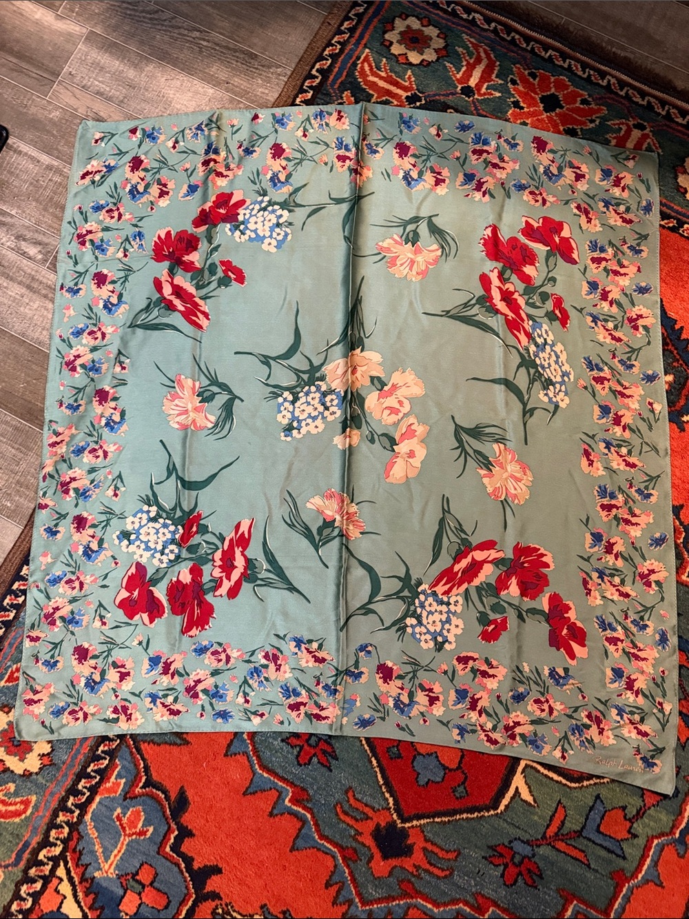 Vintage Ralph Lauren Green, Red Multi Colored Floral Design Silk Square Scarf
